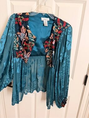 Aria Teal Sheer jacket with Multicolor Floral Embroidery